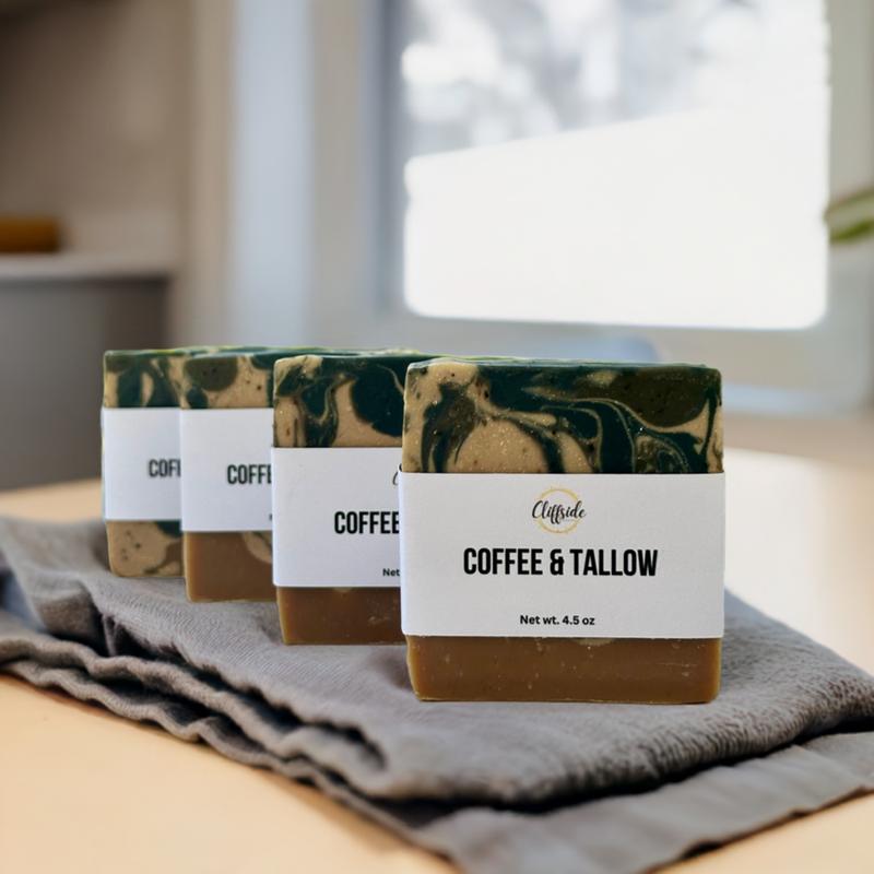 Coffee & Tallow Artisan  Bar Soaps made with real brewed coffee and contains coffee grinds made by Cliffside Soaps, LLC