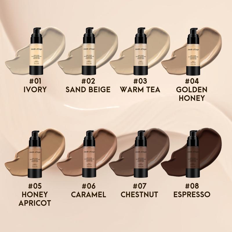 Jardin d'Orga Foundation - Matte Flawless Liquid Foundation with Full Coverage Concealer - 8 Shades - Waterproof Moisturizer Makeup Cosmetic Moisture