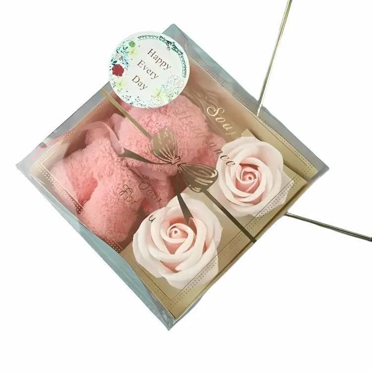 Set, Soap Flower Towel Bear Gift Box, Including Scented Soap Roses And Functional Bear Shaped Towel, Exquisite Gift Box, For Women Girls, Floral Soap