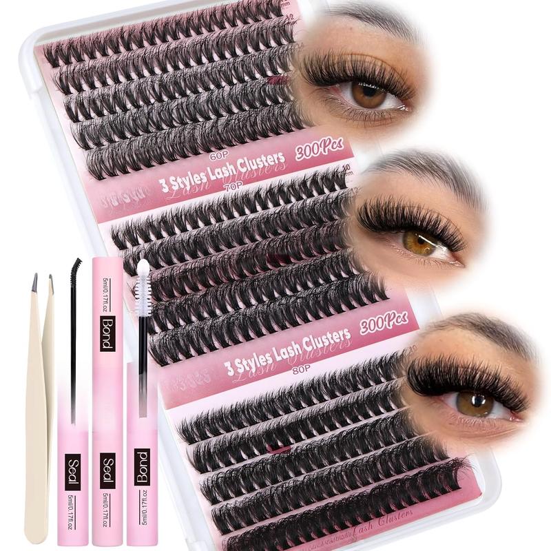 Lash Extension Kit 300 count Lash Clusters Fluffy Eyelash Extension 60D 70D 80D Eyelash Clusters 9-16mm DIY Lash Extensions Kit with Waterproof Lash Bond and Seal and Lash Tweezers