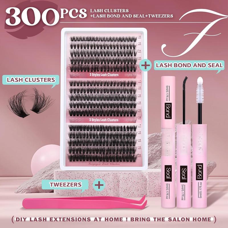 Lash Extension Kit 300 count Lash Clusters Fluffy Eyelash Extension 60D 70D 80D Eyelash Clusters 9-16mm DIY Lash Extensions Kit with Waterproof Lash Bond and Seal and Lash Tweezers