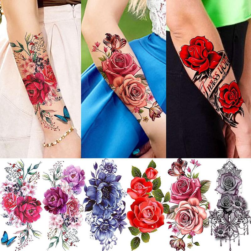 10pcs Peony Rose Pattern Temporary Tattoo Sticker, Creative Body Art Sticker, 3D Butterfly Flower Fake Tattoos For Women, Christmas Gift