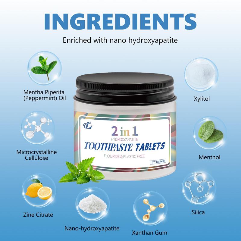 Toothpaste Tablets, Nano Hydroxyapatite, Fluoride & Plastic Free, Eco & Travel Friendly, Remineralize with NHA, 62 Tablets