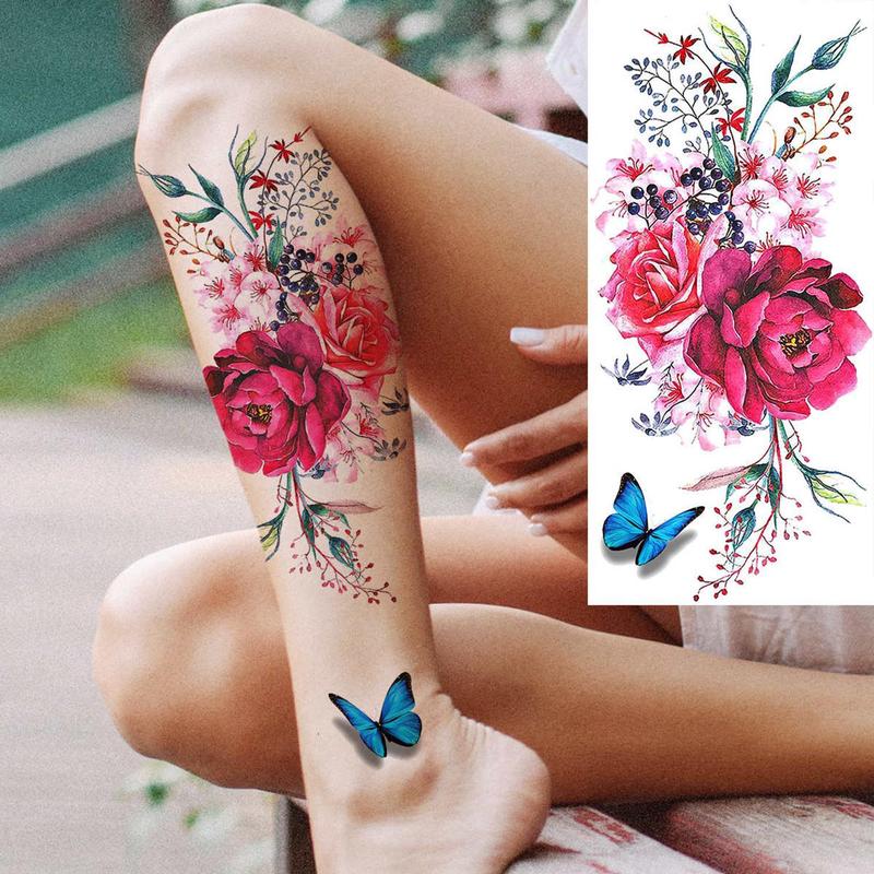 10pcs Peony Rose Pattern Temporary Tattoo Sticker, Creative Body Art Sticker, 3D Butterfly Flower Fake Tattoos For Women, Christmas Gift