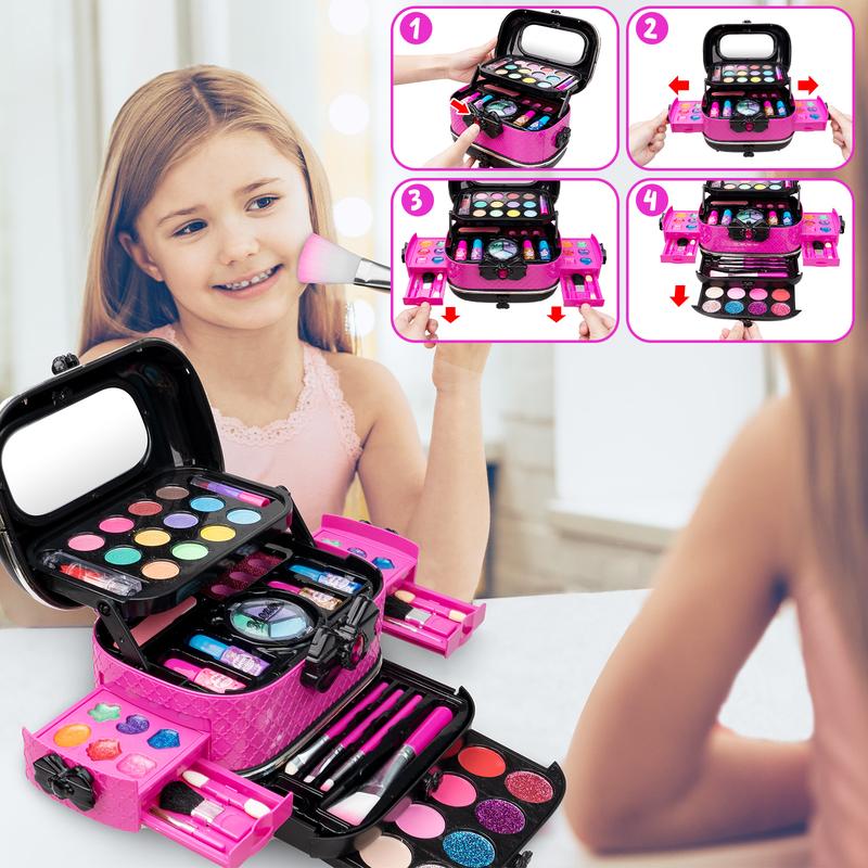 Kids Makeup Kit for Girl, Washable Makeup Girl Toys with Cosmetic Case, Play Real Princess Make Up Beauty Set Toys for 3 4 5 6 7 8 9 10 11 12 Year Old Girls Toddlers Kids Birthday Gifts