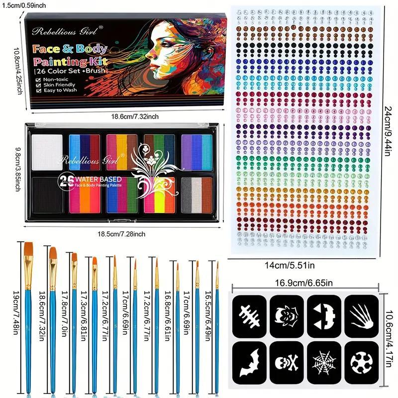 Face Body Painting Set, 16pcs set Face Body Paint Kit with Brushes & Tattoo Templates & Face Gem Sticker, Professional Body Makeup Tools for Party