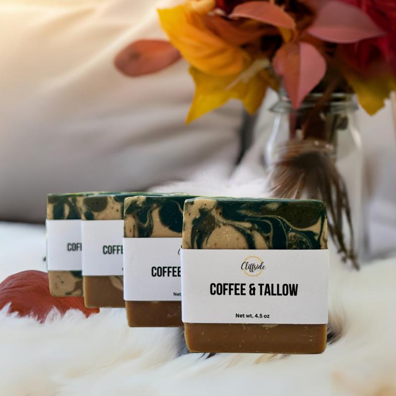 Coffee & Tallow Artisan  Bar Soaps made with real brewed coffee and contains coffee grinds made by Cliffside Soaps, LLC