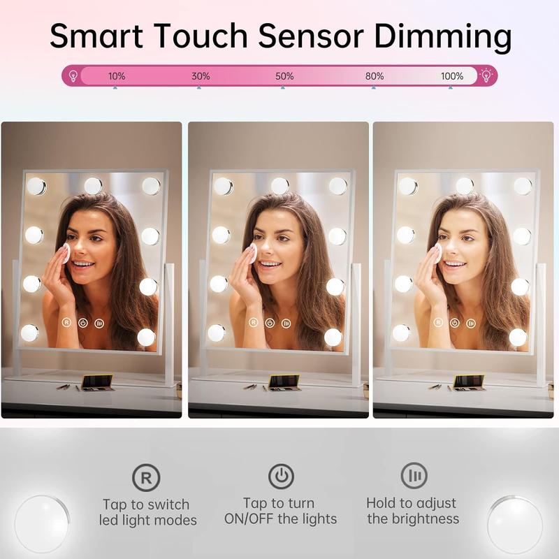 Lighted makeup mirror, lighted Hollywood vanity mirror, touch control bedroom 3 color lighting modes, adjustable 360° rotation Compact Gift