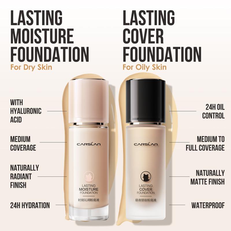 CARSLAN 24H Longlasting Moisture Liquid Foundation Makeup High Coverage Concealer Hydrating Oil Control For Dry Oliy Combination Nomal Skin Longwear  Flawless Finish Base Foundation Makeup