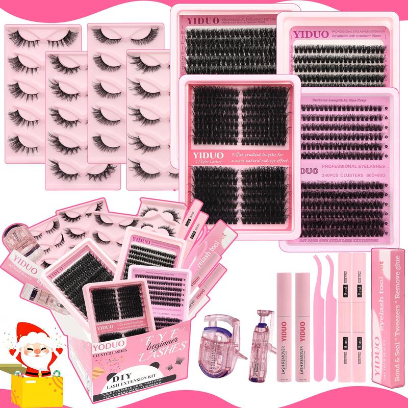 Eyelash Extension Kit, 1 Set Fluffy Individual Cluster Lash with Eyelash Glue & Remover & Tweezers, Professional Eye Makeup Tool for Women