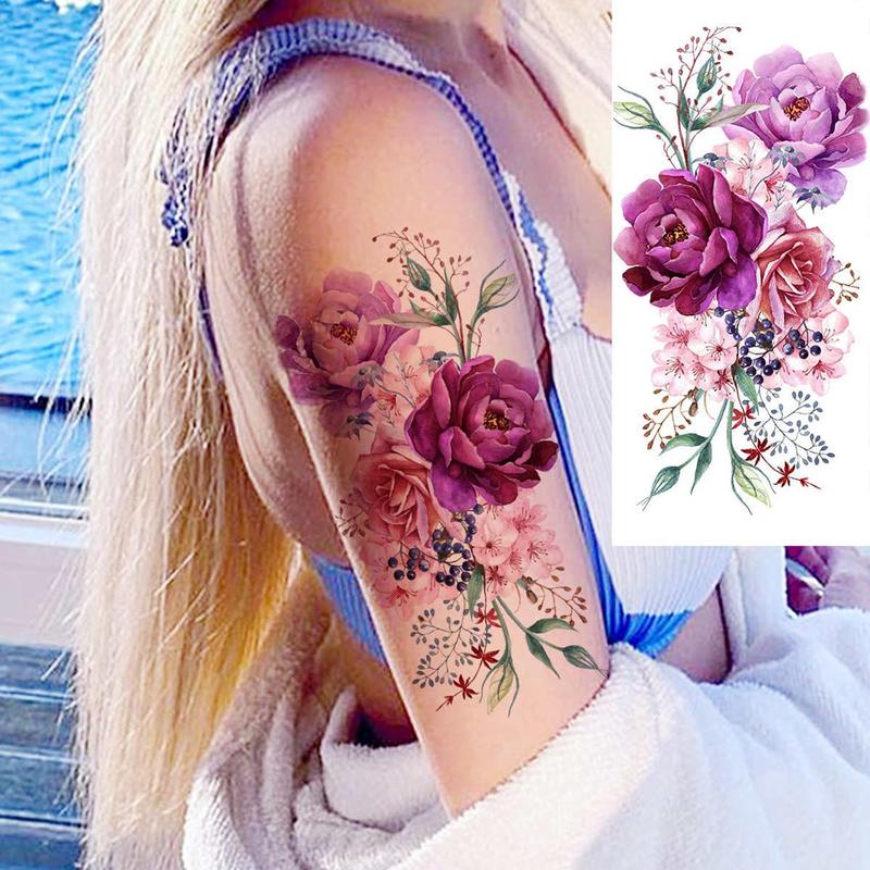 10pcs Peony Rose Pattern Temporary Tattoo Sticker, Creative Body Art Sticker, 3D Butterfly Flower Fake Tattoos For Women, Christmas Gift