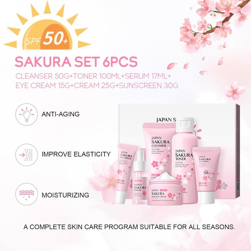 6-count Skin Care Set Sakura Skin Care Set,  Women Beauty Gift Sets Skin Care Kit with Cleanser, Toner, Lotion, Serum, Eye Cream, Face Cream Travel Kit for Women Teen Girls Mom Daughter Women'S Beauty Products, Daily Skin Care Travel Kit