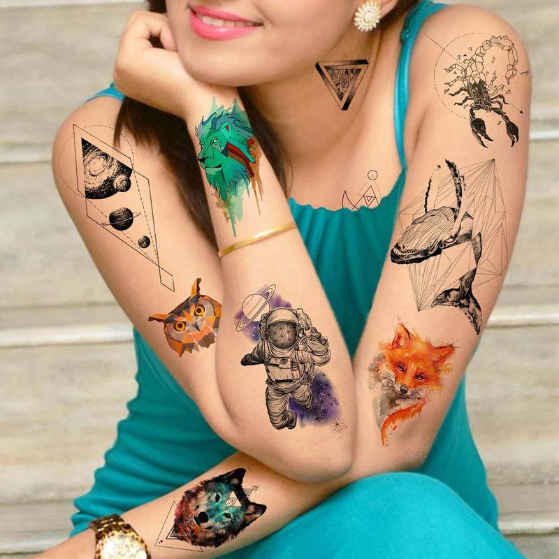 Space & Animal Pattern Long Lasting Temporary Tattoo, 16pcs set Body Art Fake Tattoo Sticker, Realistic Beauty & Personal Care Tattoo for Women & Men