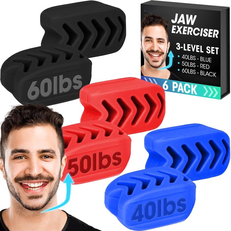 Jaw Exerciser- 2024 Upgraded Model 6PCS Jaw Exerciser for Men & Women, 3 Resistance Levels, Silicone Jawline Exerciser, Jaw Trainer Strengthener, Blue+Red+Black(U.S. Patent in Application Process) Skincare Facial Comfort