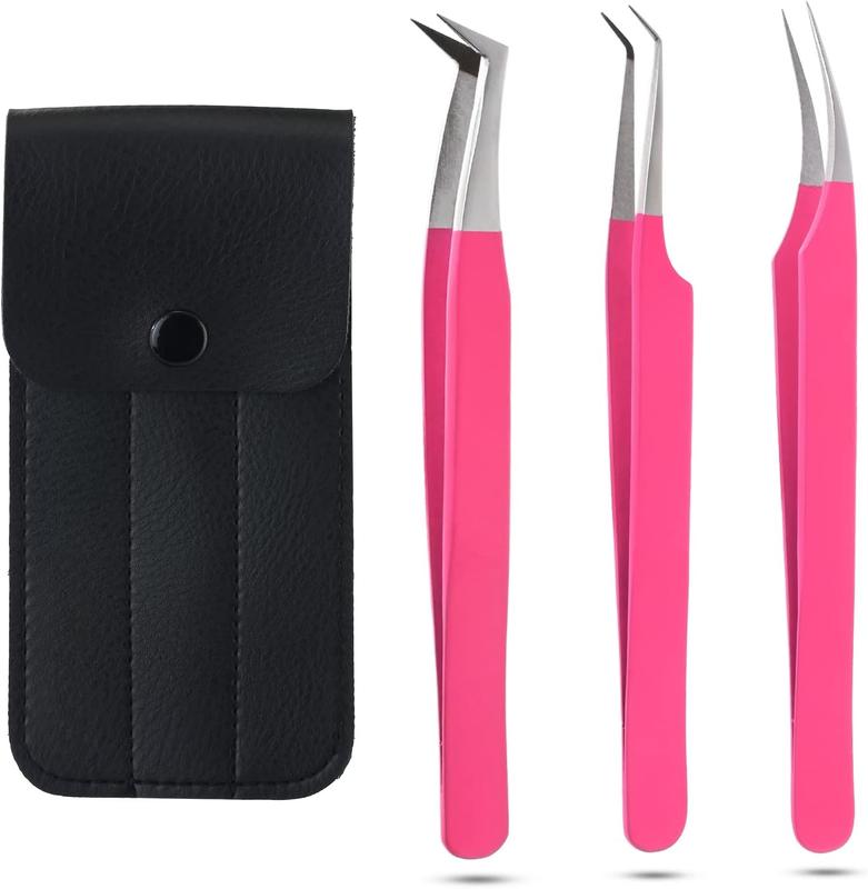 My Lash Tools - Fiber Tip Lash Tweezers for Eyelash Extensions Professional SET OF 3 Volume Boot, Isolation, & Curved Tweezers set  Steel Lash Extension Supplies (Matte Pink Set 2) Makeup Stainless