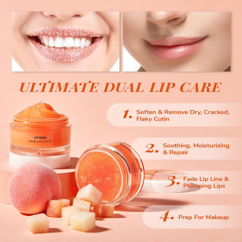 ANAiRUi Peach+Collagen Lip Care Kit - Lip Sleeping Mask & Lip Scrub - 12h Overnight Moisturizing Mask for Dry, Chapped Lips, Skincare Therapy Set