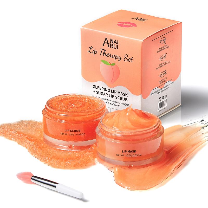 ANAiRUi Peach+Collagen Lip Care Kit - Lip Sleeping Mask & Lip Scrub - 12h Overnight Moisturizing Mask for Dry, Chapped Lips, Skincare Therapy Set