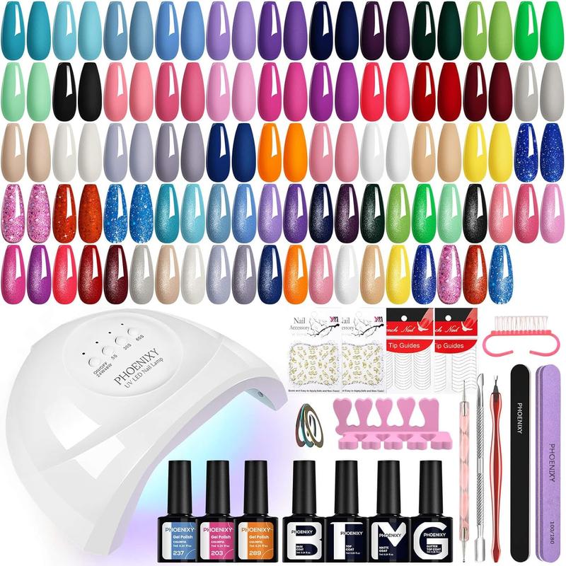 BG Gel Nail Polish Kit with U V Light 48W, 56 Pcs 108 Effect Gel Nail Kit Base Glitter Top Coat Gel Nail Polish Set Manicure Tools Gifts for Women