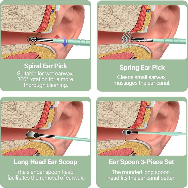 15 Pack Ear Wax Removal Tool Kit with Light - LED Ear Cleaning Kit, Ear Wax Removal for  and Adults, Ear Cleaning Tool, Ear Picker Spoon & Ear Tweezers & Spiral Spring Ear Spoon (Green)