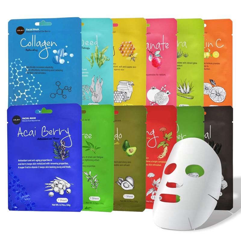 Essence Facial Sheet Face Mask Variety Set Classic Authentic Moisturizing Skincare (12-Packs) Aloe Charcoal