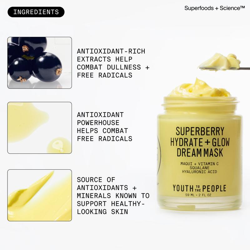 Superberry Glow Dream Mask - Brightening Overnight Face Mask + Hyaluronic Acid Night Moisturizer, 2 oz - Youth to the People