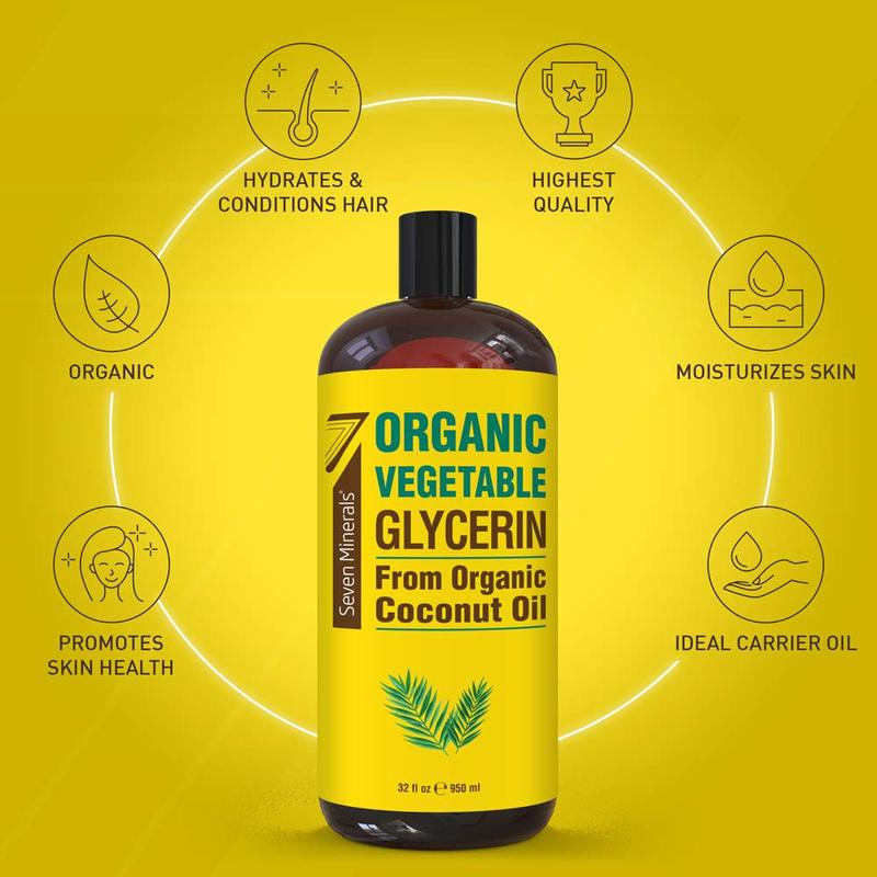 Seven Minerals, Organic Vegetable Glycerin - 32 fl oz Bottle - No Palm Oil, Made Organic Coconut Oil - Haircare, Nails & Skin Comfort Moisturizer