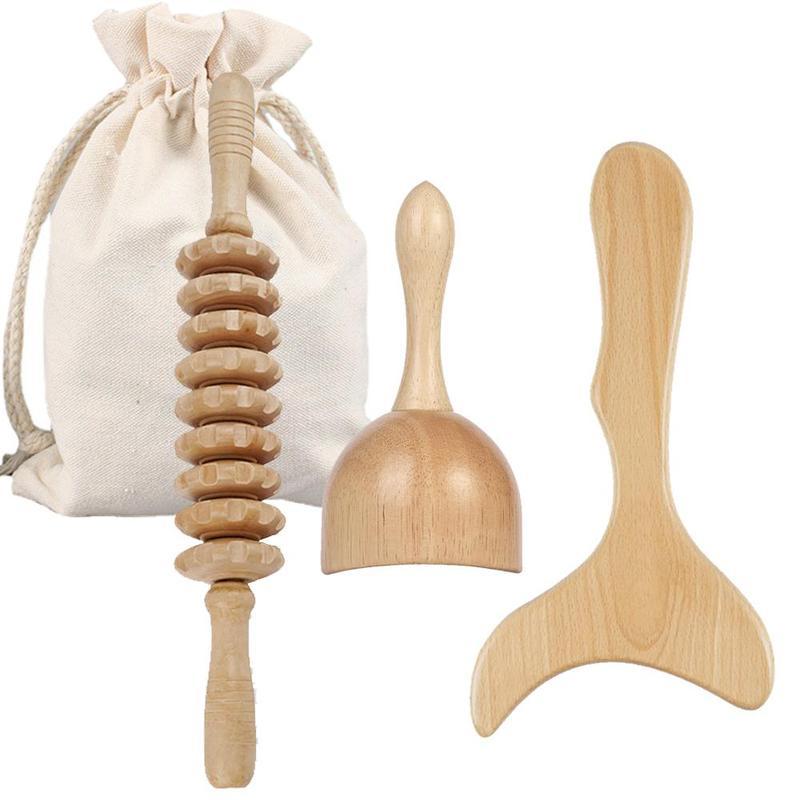 Wooden Massage Tool Set with Storage Bag, 3 Counts set Manual Massage Tool for Whole Body, Body Massage Tool for Home & Office Use