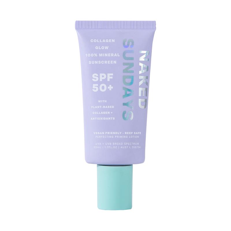 Naked Sundays SPF50+ Collagen Glow 100% Mineral Sunscreen Facial Skincare.”, Sheet Mineral SPF Tint, Watermelon extracts, Hydrating, Smoothing, priming, Vegan Moisturizing Sensitive Flawless Nourishing face spf