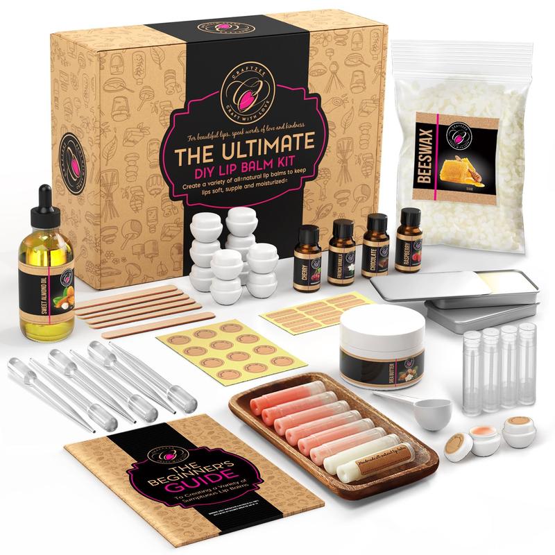 DIY Lip Balm Making Kit with Natural Beeswax, Shea Butter, Sweet Almond Oil, Essential Oils, Tubes, Jars, Instruction Manual & More Skincare Nourishing