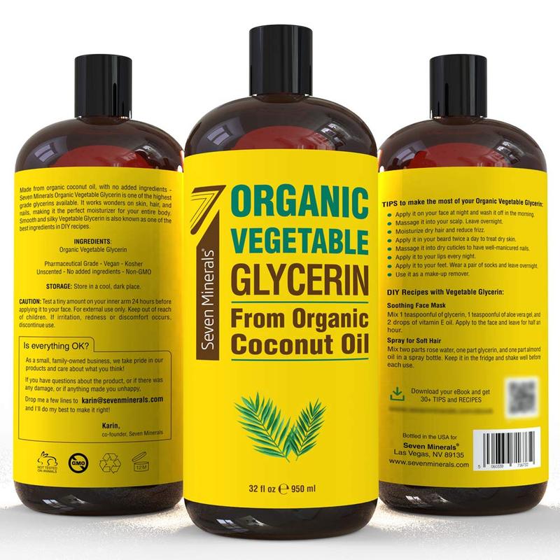 Seven Minerals, Organic Vegetable Glycerin - 32 fl oz Bottle - No Palm Oil, Made Organic Coconut Oil - Haircare, Nails & Skin Comfort Moisturizer