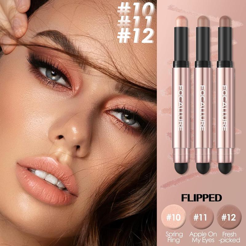 FOCALLURE 3 Pcs No Crease Eyeshadow Sticks,Shimmer & Matte Eye Shadow Crayon with Blending Brush,Smooth Cream Highlighter Pen,Long Lasting Waterproof Eyeshadow Brightener Stick Makeup