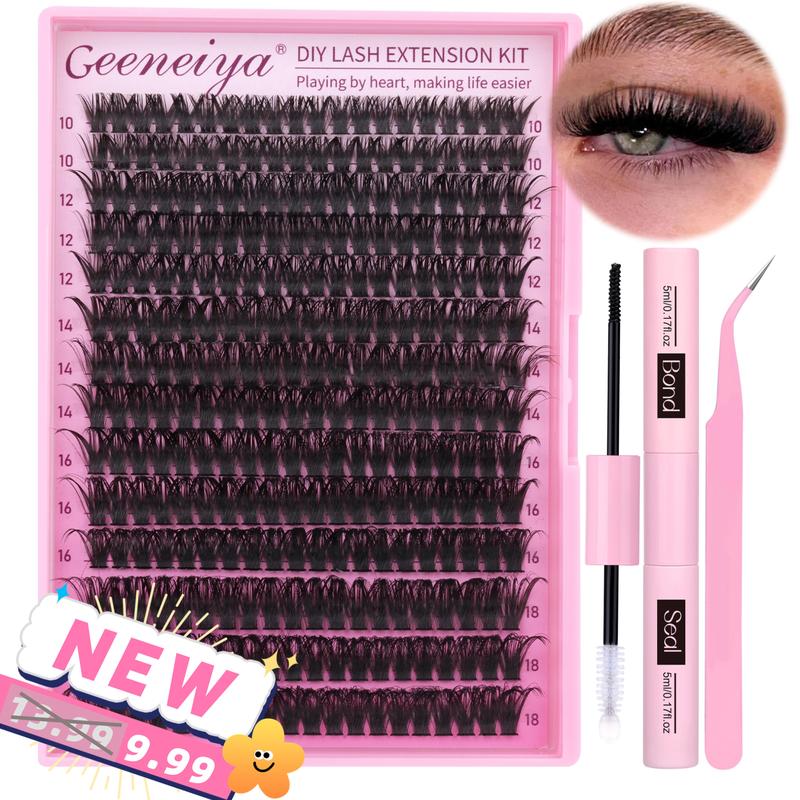 Geeneiya 70D Volume Lash Clusters Kit D Curl Lash Extension Kit Natural Eyelash Extension Kit with Waterproof Lash Bond and Seal, Lash Tweezers, DIY at Home Easily (0.05D)