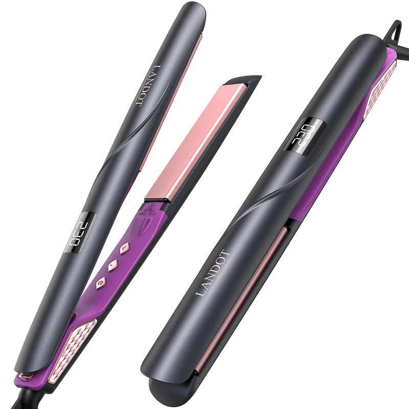 Straightener and Curler 2 in 1 - Landot Professional Ceramic Straightening Curling Iron for Straighten Curl Wave Hair - Dual Voltage 12 Digital Heat Settings Smooth Adjustable