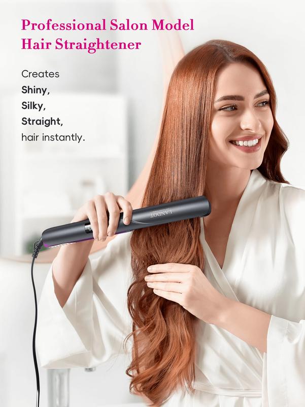 Straightener and Curler 2 in 1 - Landot Professional Ceramic Straightening Curling Iron for Straighten Curl Wave Hair - Dual Voltage 12 Digital Heat Settings Smooth Adjustable