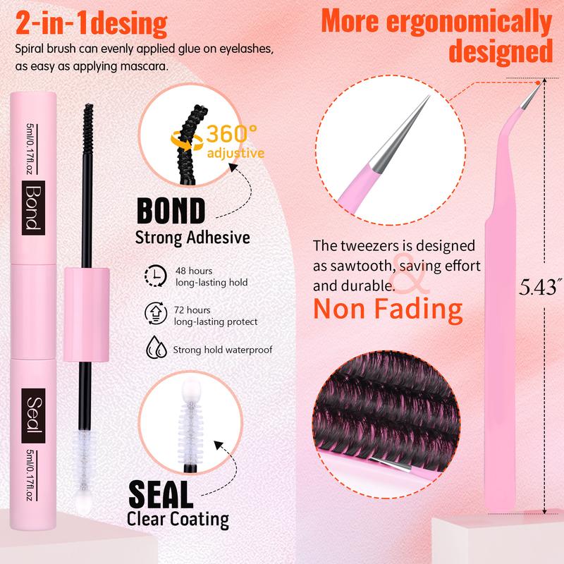 Geeneiya 70D Volume Lash Clusters Kit D Curl Lash Extension Kit Natural Eyelash Extension Kit with Waterproof Lash Bond and Seal, Lash Tweezers, DIY at Home Easily (0.05D)