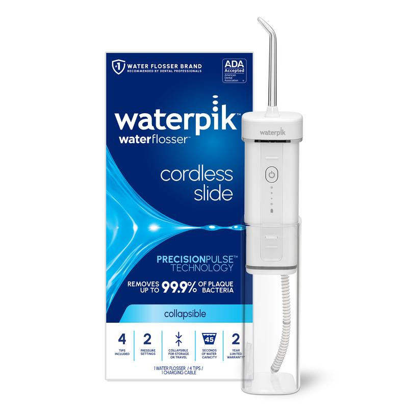 Waterpik Cordless Slide Professional Water Flosser TikTok Shop For Teeth, Gums, Braces, Dental Care With Travel Bag and 4 Tips, ADA Accepted, Rechargeable, Portable Collapsible, and Waterproof, White WF-17, Packaging May Vary