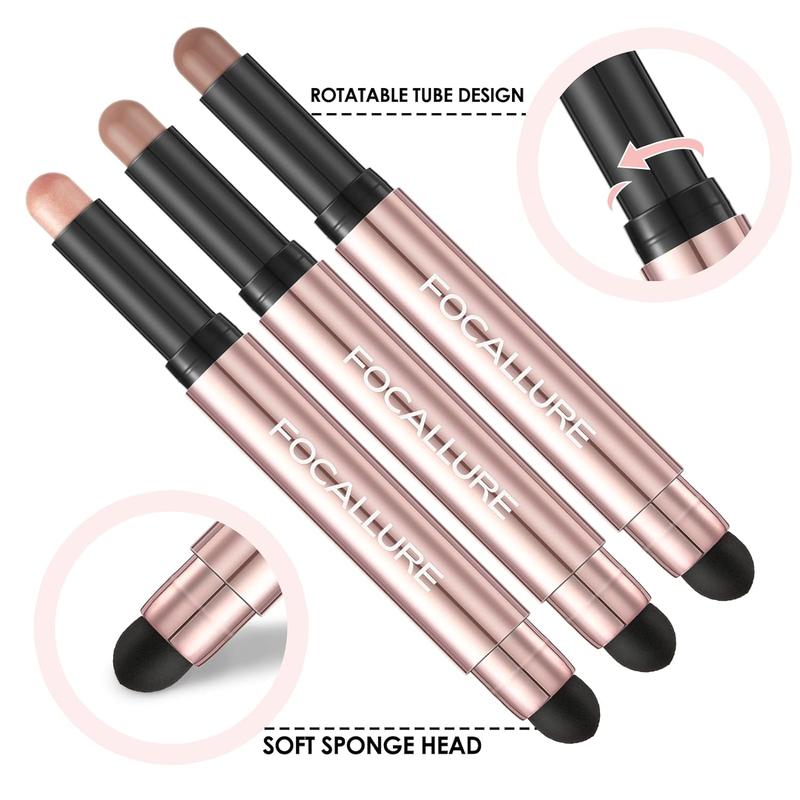 FOCALLURE 3 Pcs No Crease Eyeshadow Sticks,Shimmer & Matte Eye Shadow Crayon with Blending Brush,Smooth Cream Highlighter Pen,Long Lasting Waterproof Eyeshadow Brightener Stick Makeup