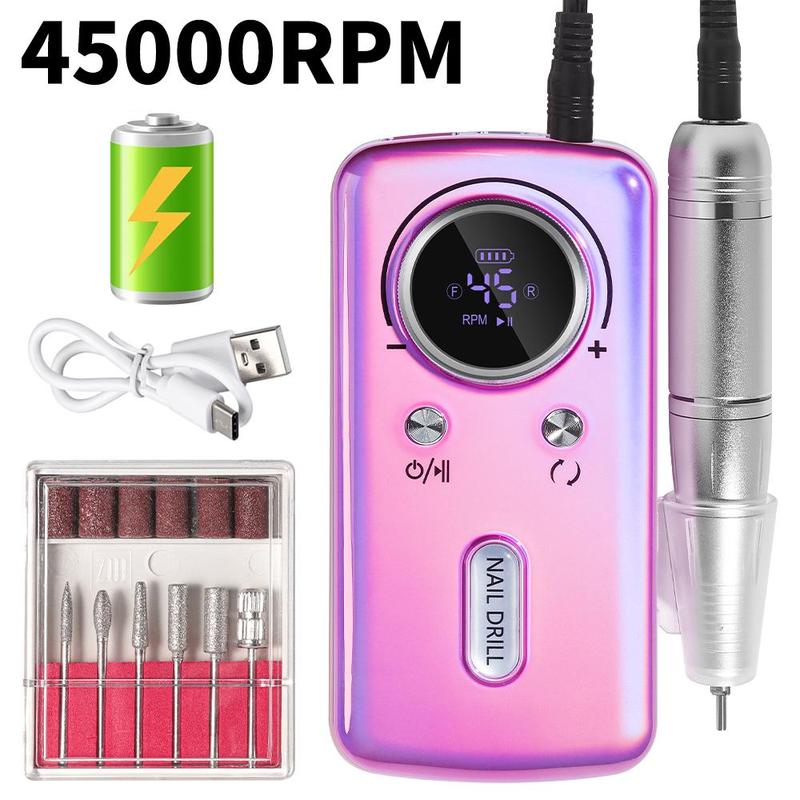 Professional 45000 RPM Nail Drill, 1 Box Rechargeable Electric Nail File for Acrylic Nail, Portable Cordless File with Drill Bit Kit for Nail Salon Home