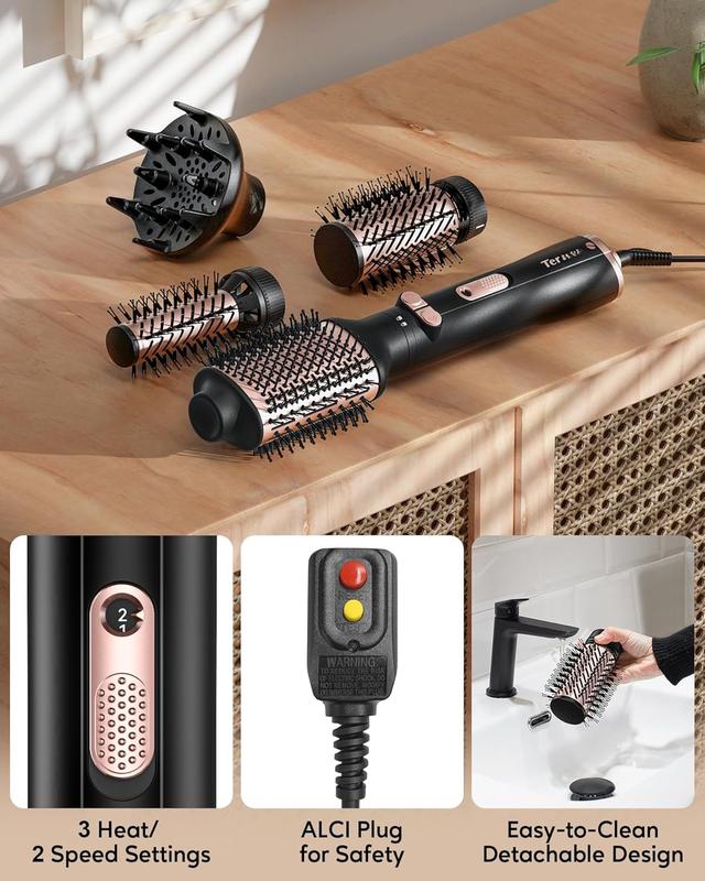 4-in-1 Hot Air Rotating Blow Dryer Brush Kit  1000W with Rotatable Round Brushes (2 Sizes), Oval Volumizer, and Diffuser  Ideal for Curly Hair, with Arthritis-Friendly Big Buttons, Black