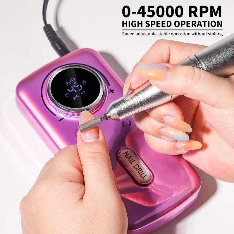 Professional 45000 RPM Nail Drill, 1 Box Rechargeable Electric Nail File for Acrylic Nail, Portable Cordless File with Drill Bit Kit for Nail Salon Home