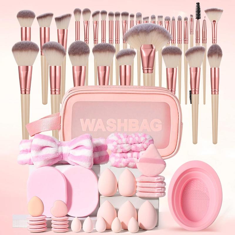 Makeup Tool, 64pcs set Brushes & Sponges & Triangle Powder Puff & Finger Powder Puff & Headband & Wrist Band & Face Washing Puff & Cleaning Bowl & Bag, Christmas Gift