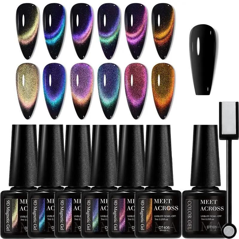 Rainbow Magnetic Gel Polish Set, 7 Counts Sparkling Cat Eye Nail Gel with 1 Count Magnetic Stick, Nail Art Need Lamp Cure Glitter UV Gel Varnish, Christmas Gift