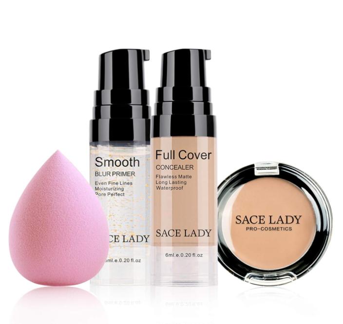 Waterproof Full Coverage Concealer With Primer Sponge Set, Smooth Matte Flawless Creamy Liquid Foundation Corrector Makeup Kit for Face Eye Dark Circles Spot Acne Scar Cover (0.2Fl, Natural)