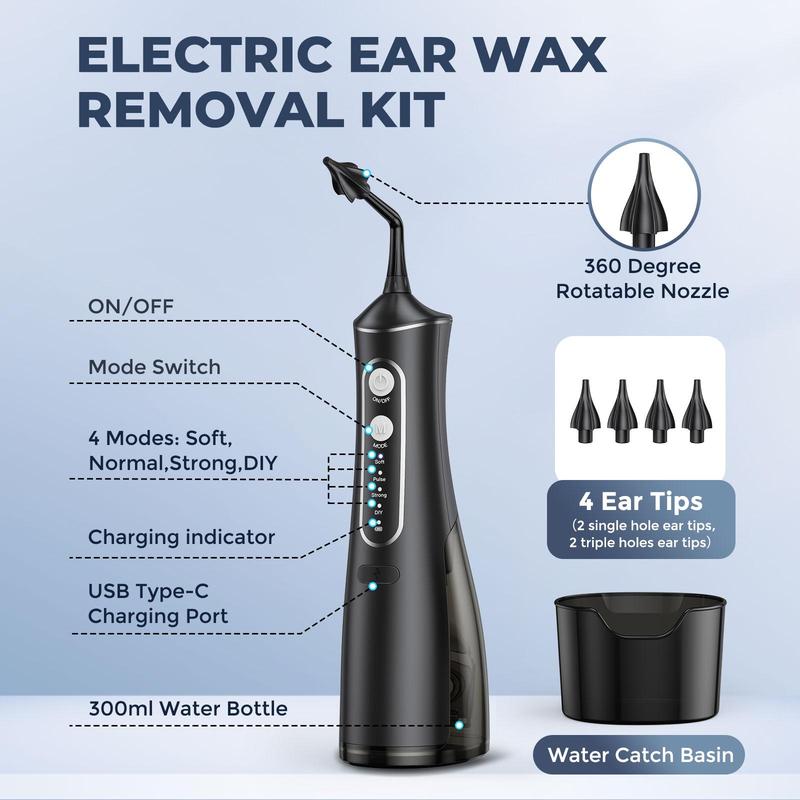 Electric Ear Wax Removal Kit with 4 Cleaning Modes, 1 Set Portable Ear Wax Remover with 4 Counts Nozzles, Ear Wax Removal Equipment, Ear Wax Removal Tool for Adults