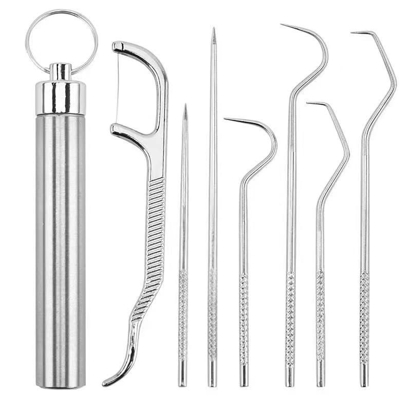 Dental Teeth Pick Stainless Steel Toothpick Set Reusable Tooth Stains Remover Dental Tool Teeth Cleaning Tools with Holder for Outdoor Picnic, Camping, Travel (7PCS Set)