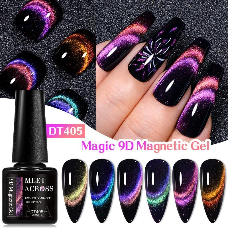 Rainbow Magnetic Gel Polish Set, 7 Counts Sparkling Cat Eye Nail Gel with 1 Count Magnetic Stick, Nail Art Need Lamp Cure Glitter UV Gel Varnish, Christmas Gift