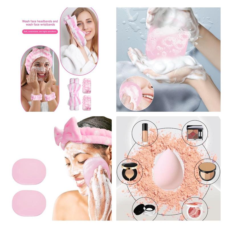 Makeup Tool, 64pcs set Brushes & Sponges & Triangle Powder Puff & Finger Powder Puff & Headband & Wrist Band & Face Washing Puff & Cleaning Bowl & Bag, Christmas Gift