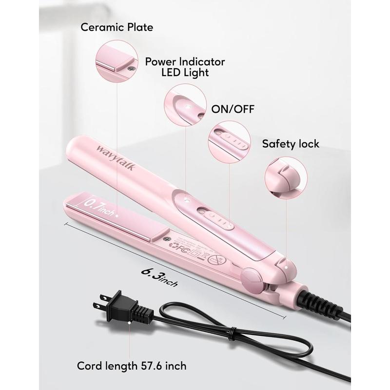 Wavytalk Mini Portable Flat Iron, 0.7 Inch Dual Volte Hair Straightener - Small Flat Irons for Short Hair, Curls Bangs, Worldwide Use Travel Flat Iron, Pink