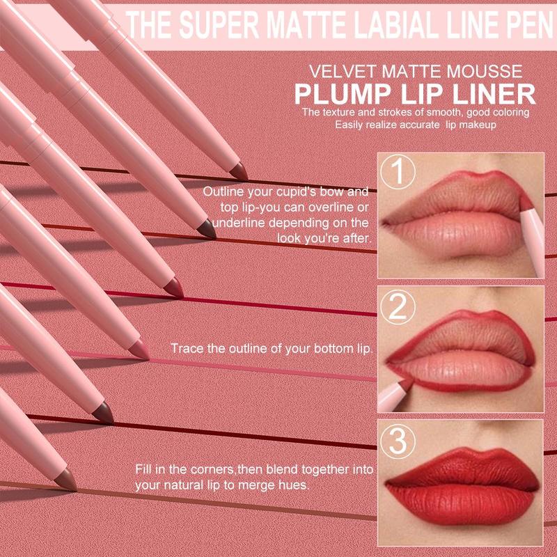 High Pigment Matte Lip Liner Pencil, 6 Counts set Long Lasting Waterproof Lip Liner, Easy Coloring Lipstick Pen, Suitable for All Occasions Lip Makeup, Lip Liners, Christmas Gift