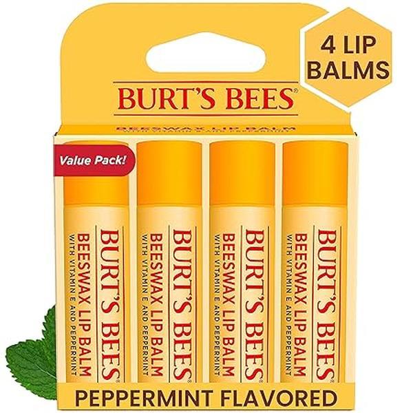 Burt's Bees Lip Balm Stocking Stuffers, Moisturizing Lip Care Christmas Gifts, Original Beeswax with Vitamin E & Peppermint Oil, Natural Origin Lip Care (4-Pack)